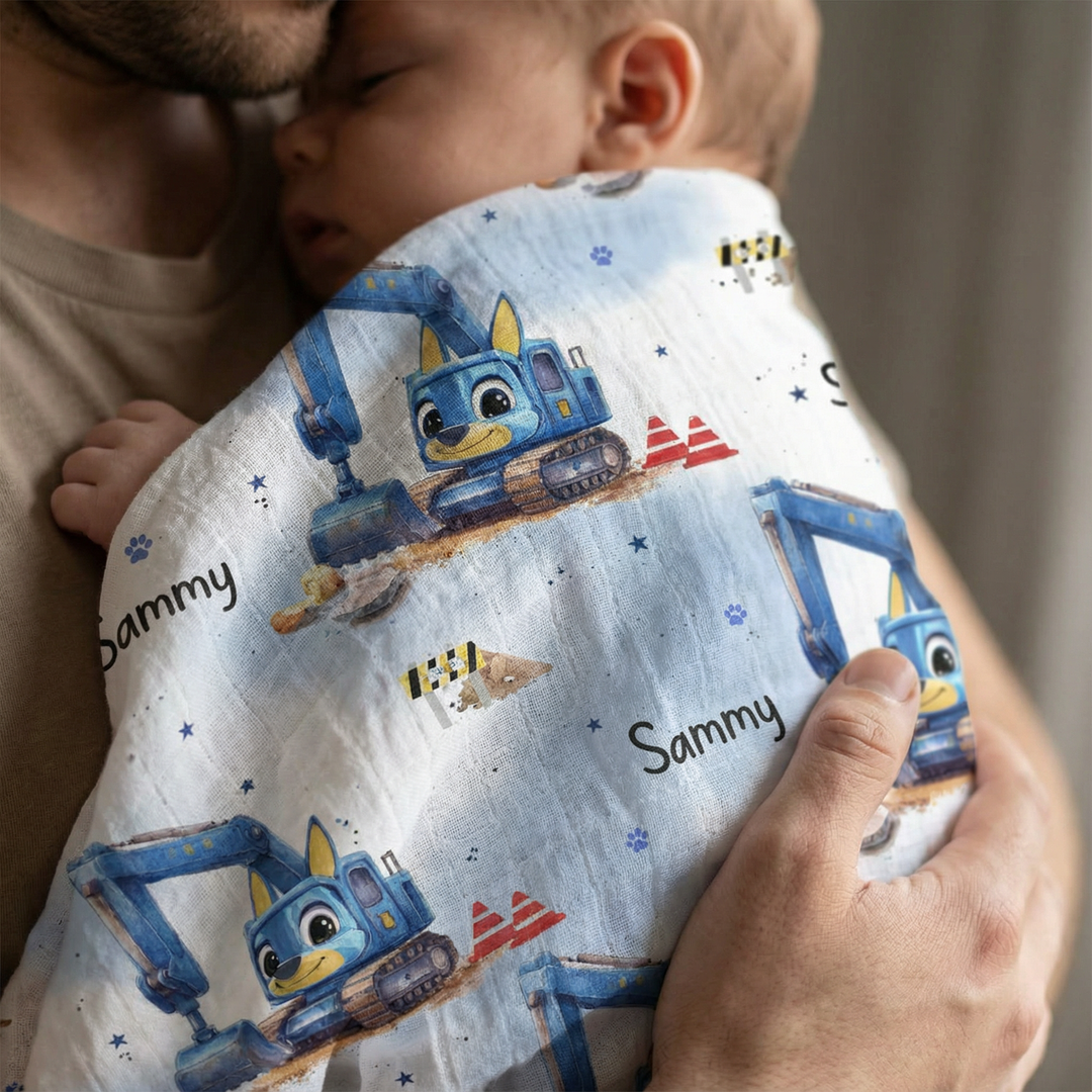 Personalised muslin swaddle wrap with baby’s name, soft breathable fabric, 120x120cm size for newborns