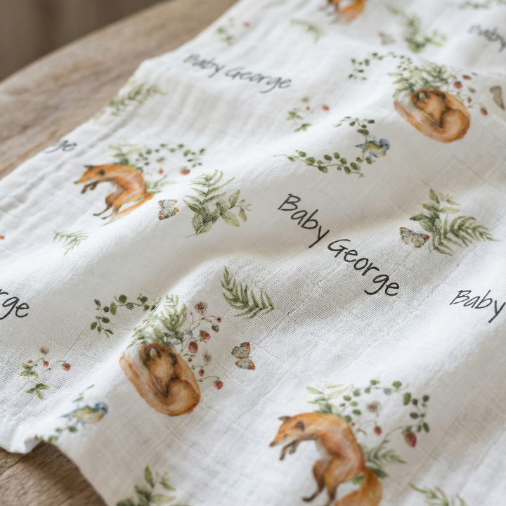Personalised muslin swaddle wrap with baby name, soft breathable fabric, 120x120cm size for newborns and babies