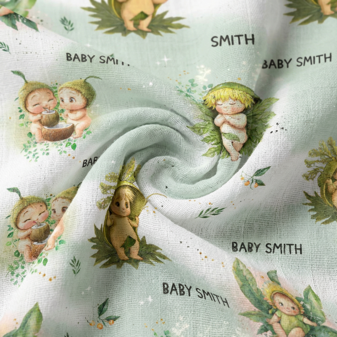 Personalised muslin swaddle wrap with baby name, soft breathable fabric, 120x120cm, ideal for newborns and gifting