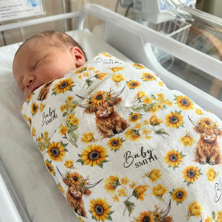 Custom muslin swaddle wrap personalized with baby name, lightweight breathable fabric, 120x120cm size for newborn comfort and versatility