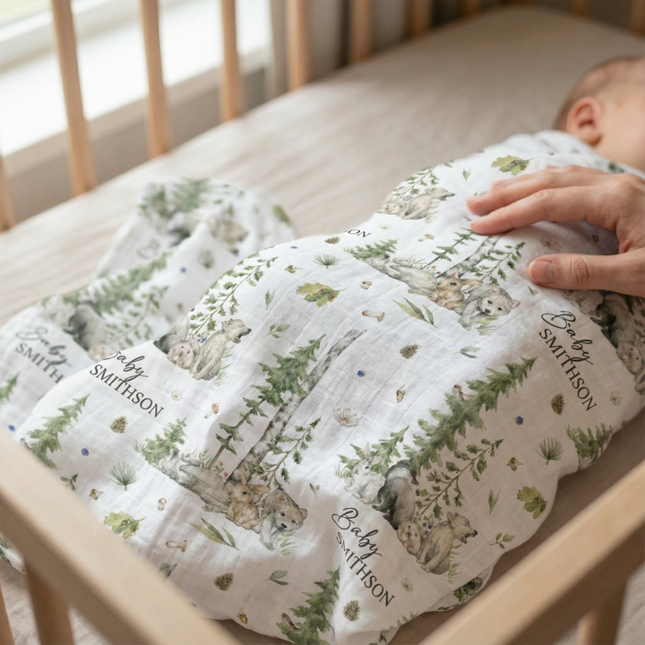 Custom muslin swaddle wrap personalized with baby’s name, soft breathable fabric, 120x120cm size for newborns