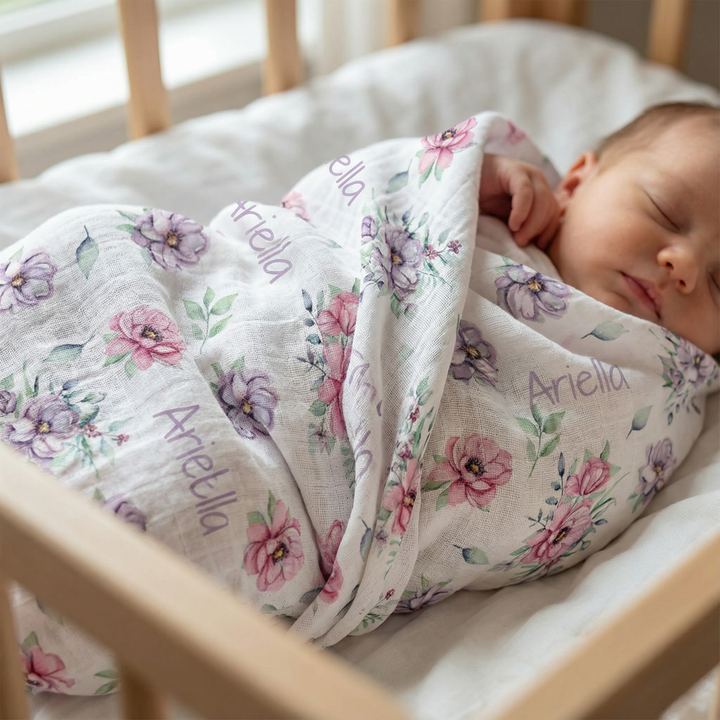 Personalised muslin swaddle wrap with baby name, soft breathable fabric, 120x120cm size for newborns and babies