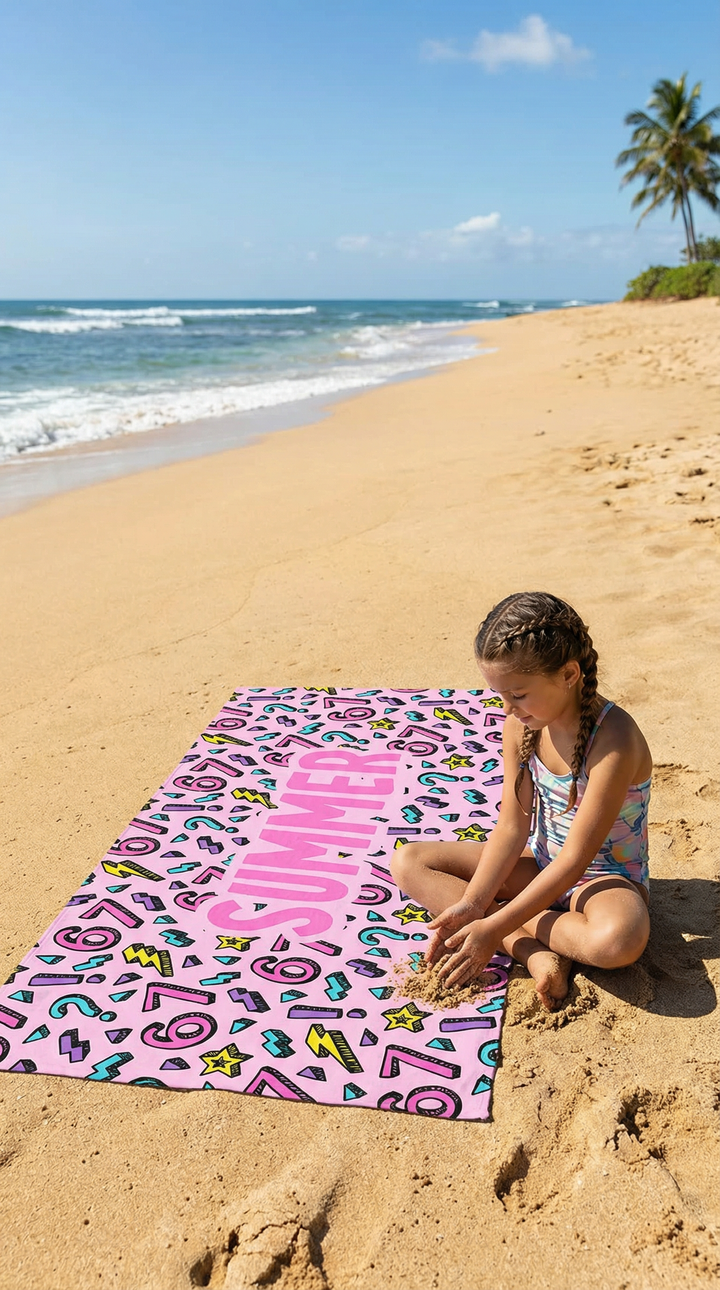 Child sitting on a colorful towel at the beach with ocean and palm trees in the background