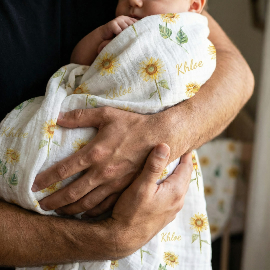 Personalised muslin swaddle wrap with baby name, soft breathable fabric, 120x120cm size for newborns and babies