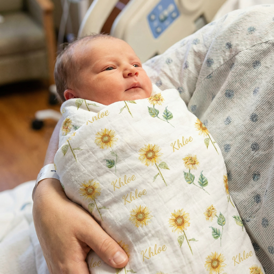 Personalised muslin swaddle wrap with baby name, soft breathable fabric, 120x120cm size for newborns and babies