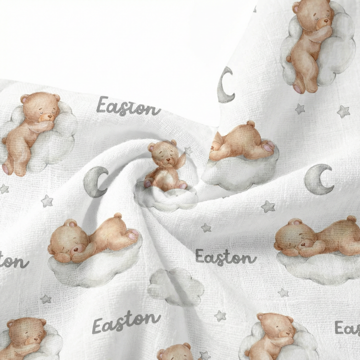 Personalised muslin swaddle wrap with baby name, soft breathable fabric, 120x120cm for newborn comfort and gifting