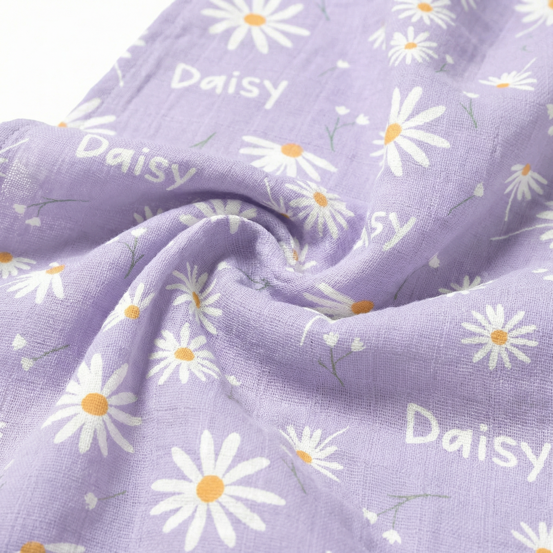 Personalised muslin swaddle wrap with baby name, soft breathable fabric, 120x120cm, perfect for newborns and gift giving