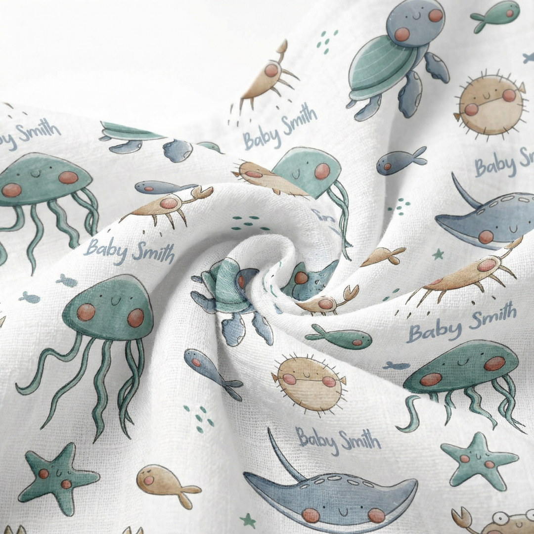 Personalised muslin swaddle wrap with baby name, soft breathable fabric, 120x120cm size, ideal for newborns and babies.