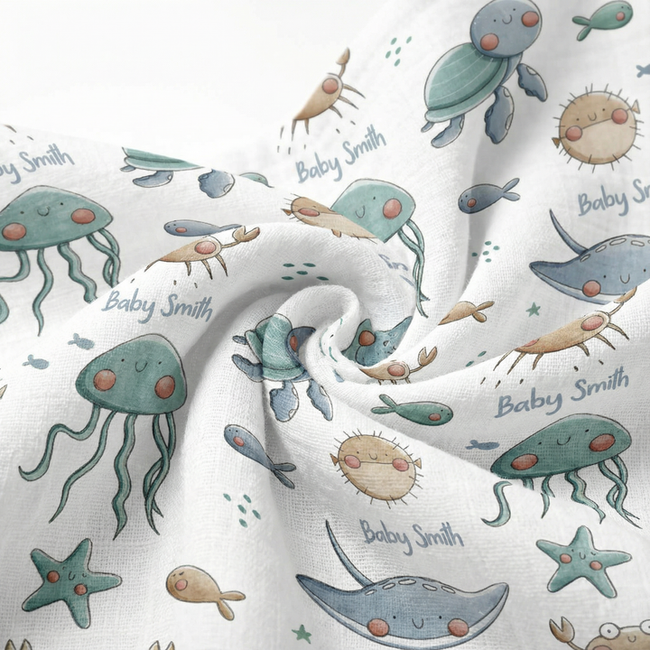 Personalised muslin swaddle wrap with baby name, soft breathable fabric, 120x120cm size, ideal for newborns and babies.