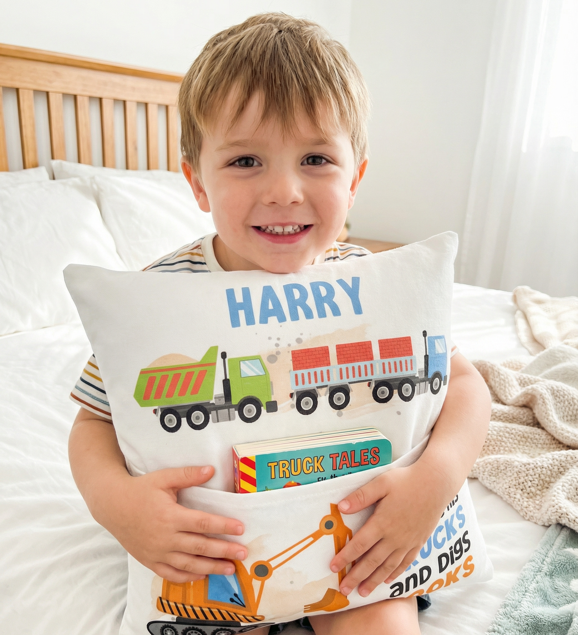Personalised truck pocket book cushion with excavator design and built-in book pocket for boys