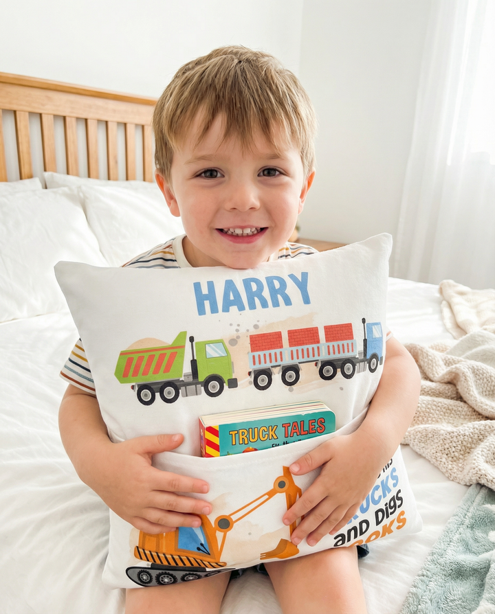 Personalised truck pocket book cushion with excavator design and built-in book pocket for boys