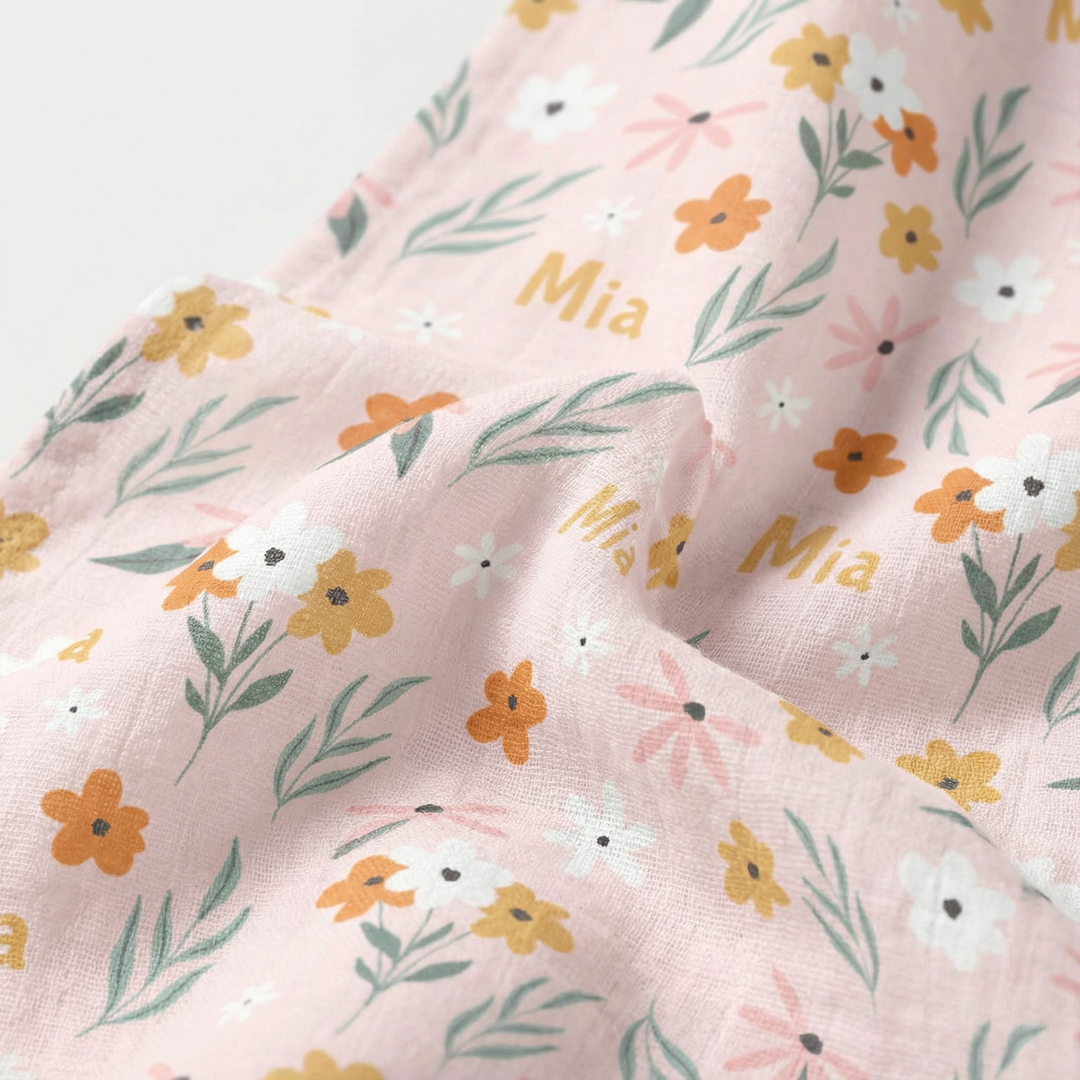 Personalised muslin swaddle wrap with baby name, soft breathable fabric, 120x120cm size, perfect for newborn comfort and gifting