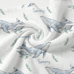 Personalised muslin swaddle wrap with baby name, soft breathable fabric, 120x120cm size, ideal for newborns and gifting