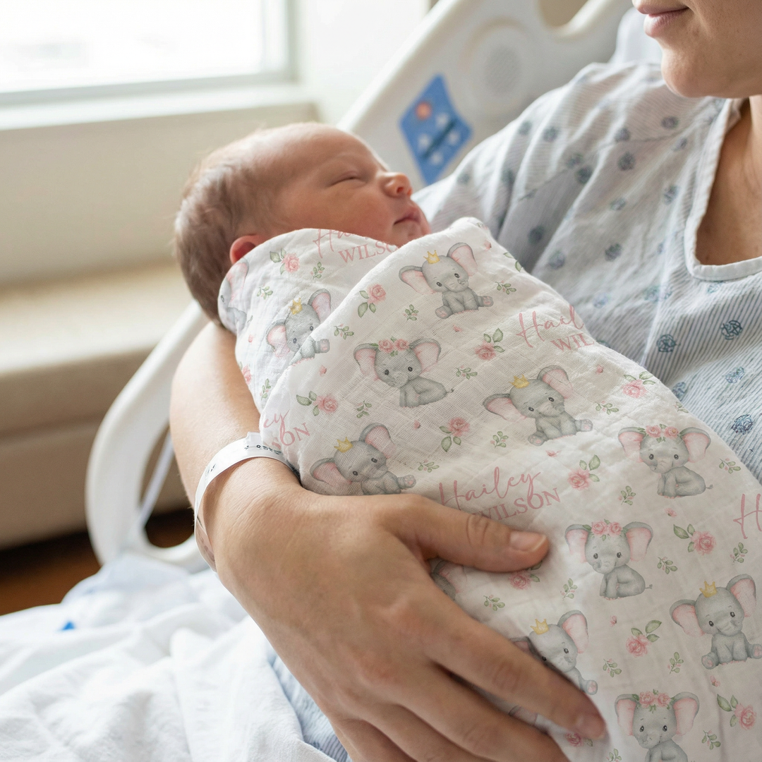 Personalised custom muslin swaddle wrap with baby name, soft breathable fabric, 120x120cm size for newborn comfort and versatility