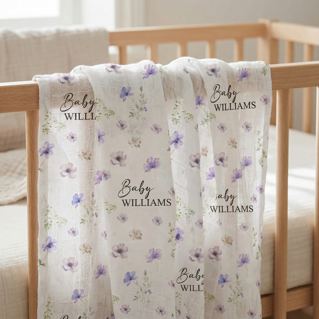 Custom muslin swaddle wrap personalized with baby’s name, soft breathable fabric, 120x120cm size for newborn comfort and versatility