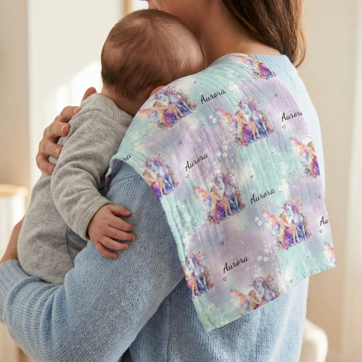 Personalised muslin swaddle wrap with baby name, soft breathable fabric, 120x120cm size for newborns and babies