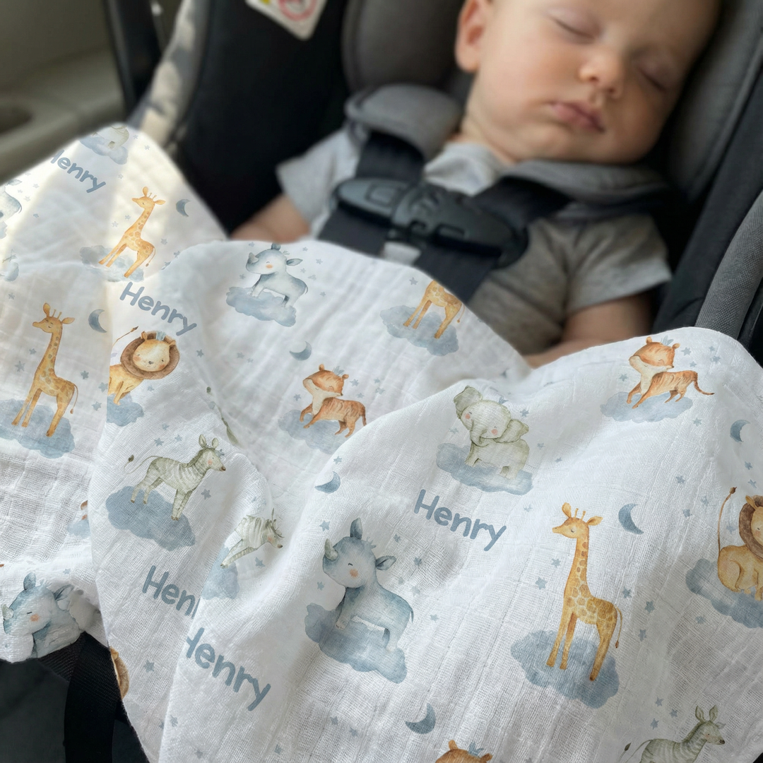 Personalised muslin swaddle wrap with baby’s name, soft breathable fabric, 120x120cm size for newborns and babies