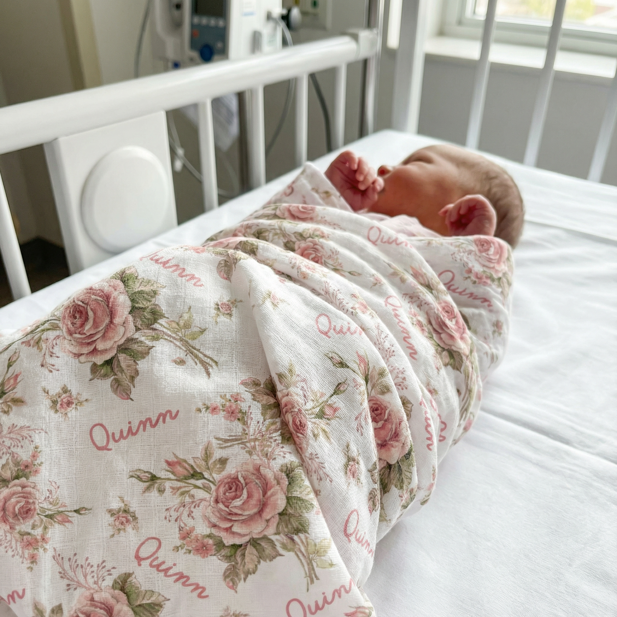 Personalised muslin swaddle wrap with baby name, soft breathable fabric 120x120cm for newborns