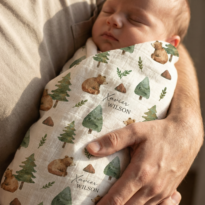 Personalised custom muslin swaddle wrap for newborns with baby name, breathable soft fabric, 120x120cm size.