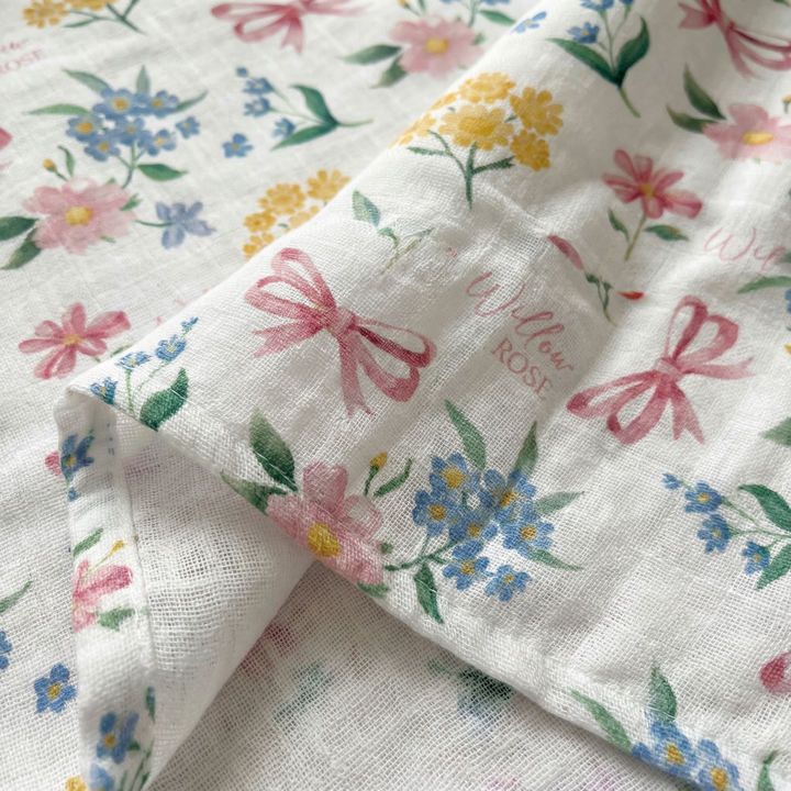 Personalised custom muslin swaddle wrap with baby name, soft breathable fabric, 120x120cm, gentle for newborns and machine washable