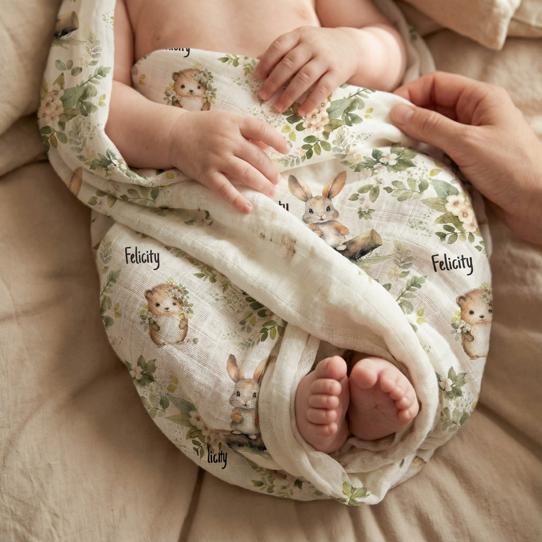 Personalised muslin swaddle wrap with baby name, soft breathable fabric, 120x120cm size for newborns and babies