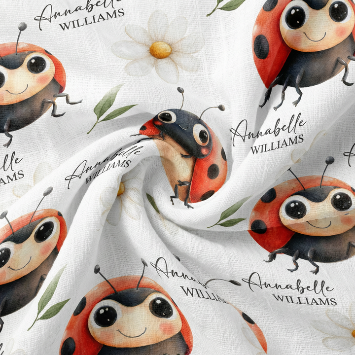 Custom muslin swaddle wrap personalized with baby name, soft breathable fabric, 120x120cm size for newborns.