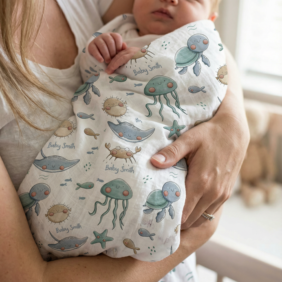Personalised muslin swaddle wrap with baby name, soft breathable fabric, 120x120cm for newborns