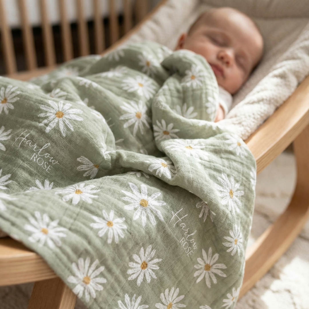 Custom muslin swaddle wrap personalized with baby name, soft breathable fabric, 120x120cm size for newborns.