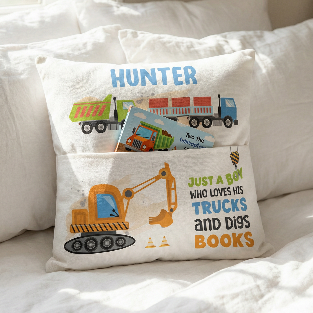 Personalised truck pocket book cushion with name and construction-themed design for boys