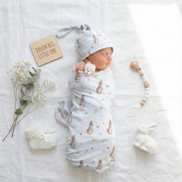 Flopsy baby swaddle and beanie set for newborns