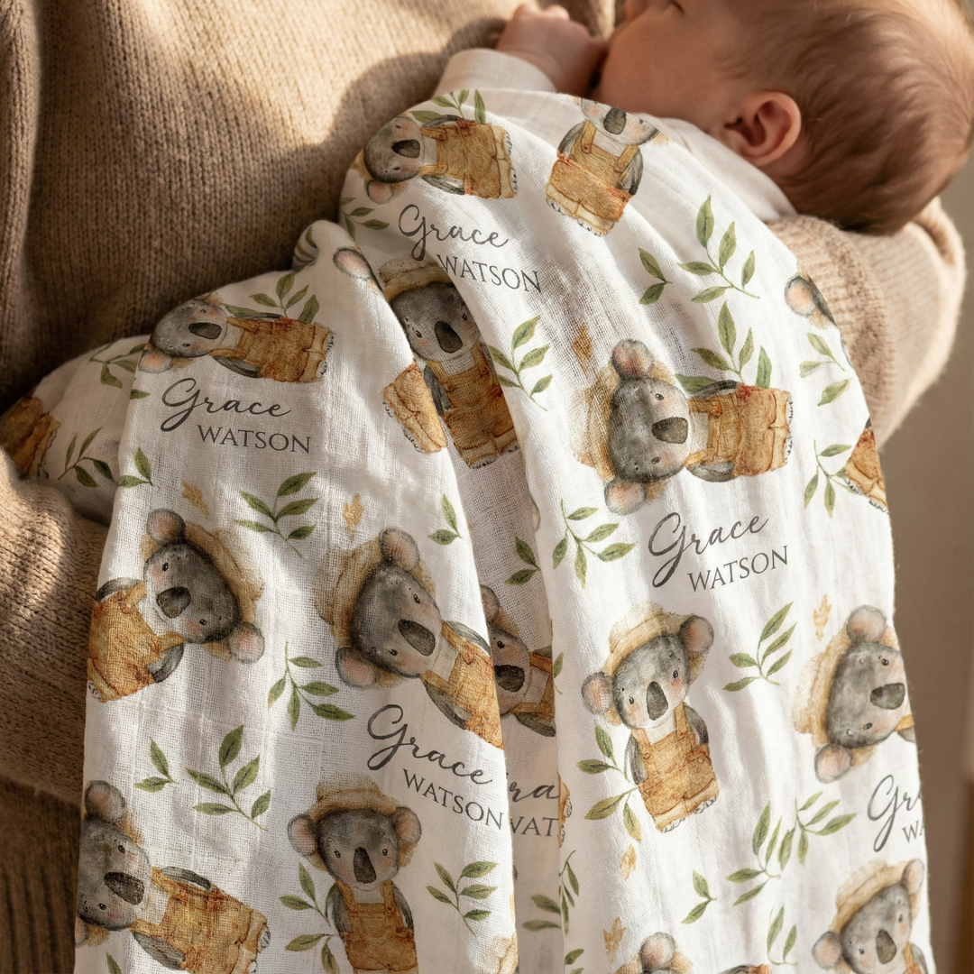 Personalised custom muslin swaddle wrap for newborns with baby name printed, soft breathable fabric, 120x120cm size.