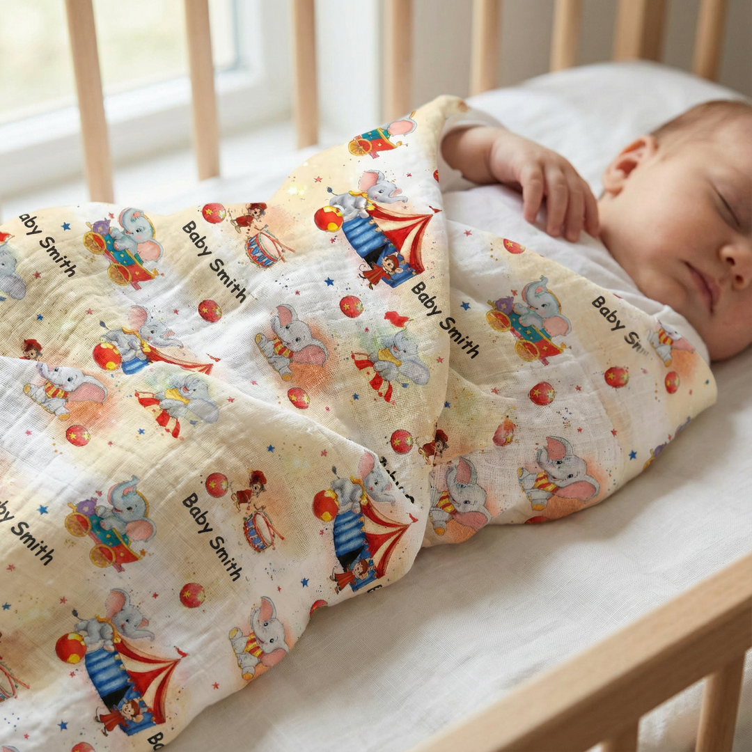 Personalised muslin swaddle wrap with baby name, soft breathable fabric, 120x120cm size