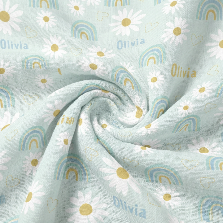 Personalised muslin swaddle wrap with baby name, soft breathable fabric, 120x120cm, ideal for newborns.