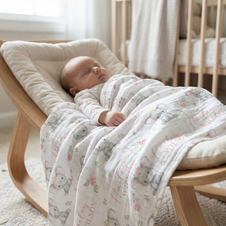 Personalised custom muslin swaddle wrap with baby name, soft and breathable fabric, 120x120cm size for newborns.