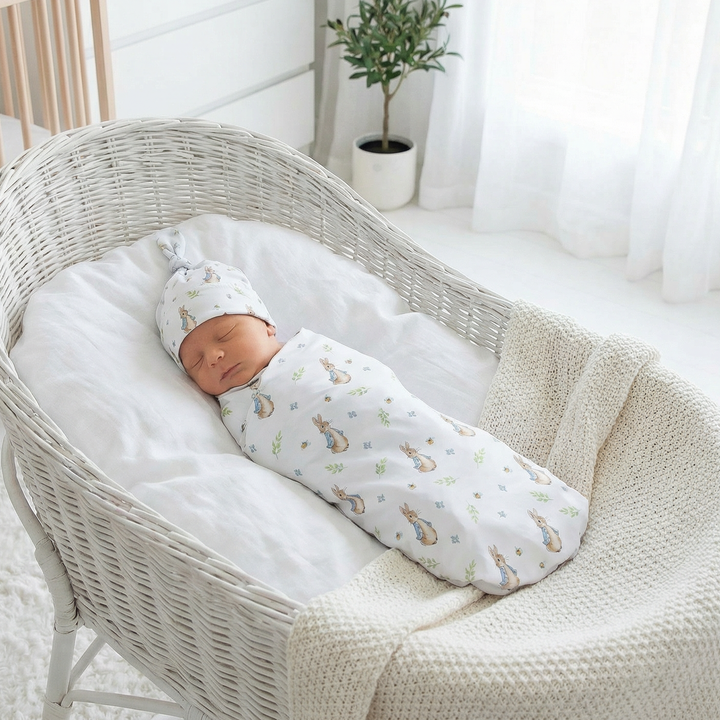 Newborn baby swaddled in a white crib with a white cribbage board in the background