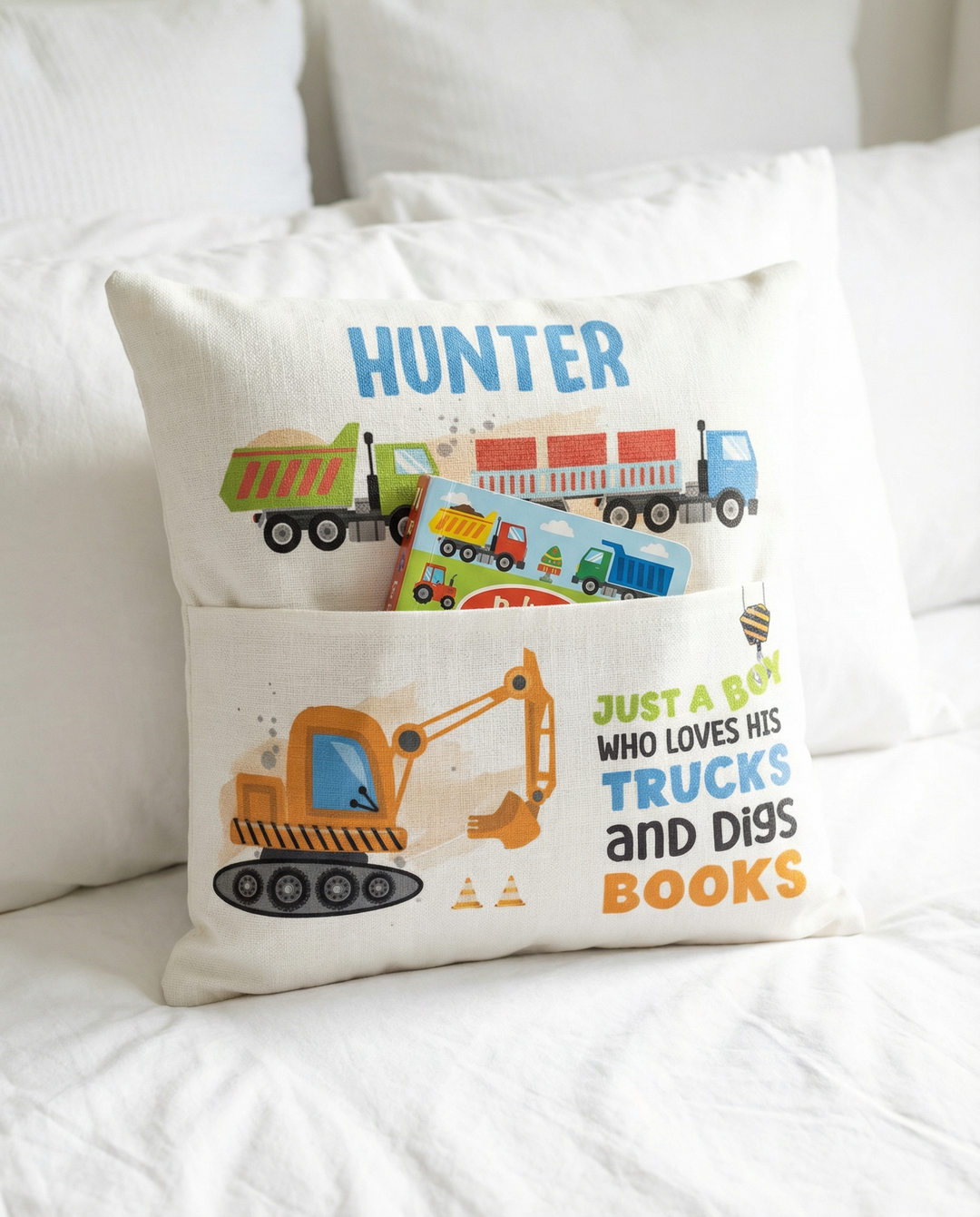 Personalised truck pocket book cushion with excavator design and name print
