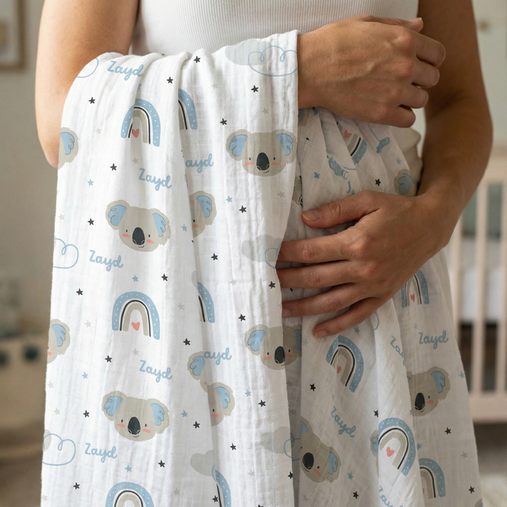 Personalised muslin swaddle wrap with baby name, soft breathable fabric, 120x120cm, gentle on newborn skin, ideal baby gift