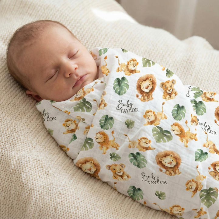Personalised custom muslin swaddle wrap with baby name, soft breathable fabric, 120x120cm, perfect for newborns and gifting