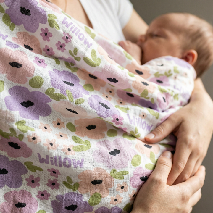 Personalised muslin swaddle wrap with baby name, 120x120cm soft breathable fabric for newborn comfort and versatile use