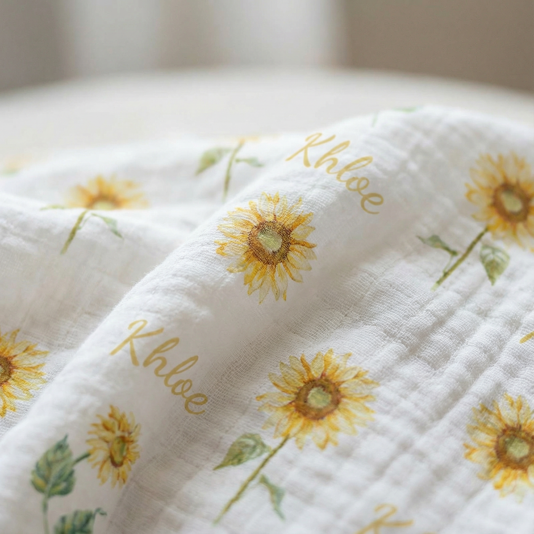 Personalised muslin swaddle wrap with baby name, soft breathable fabric, 120x120cm size for newborns and babies.