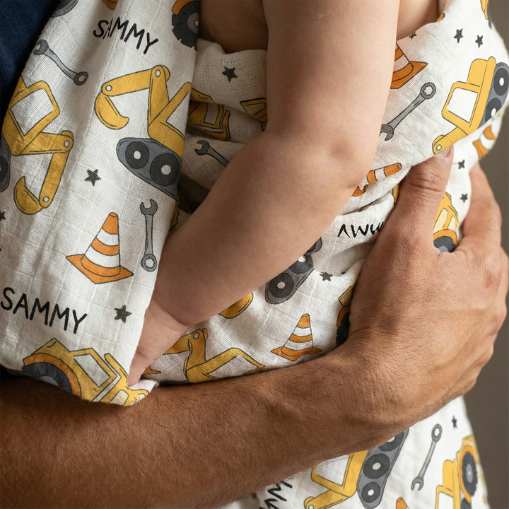 Personalised muslin swaddle wrap with baby name, soft breathable fabric, 120x120cm for newborn comfort and gentle swaddling