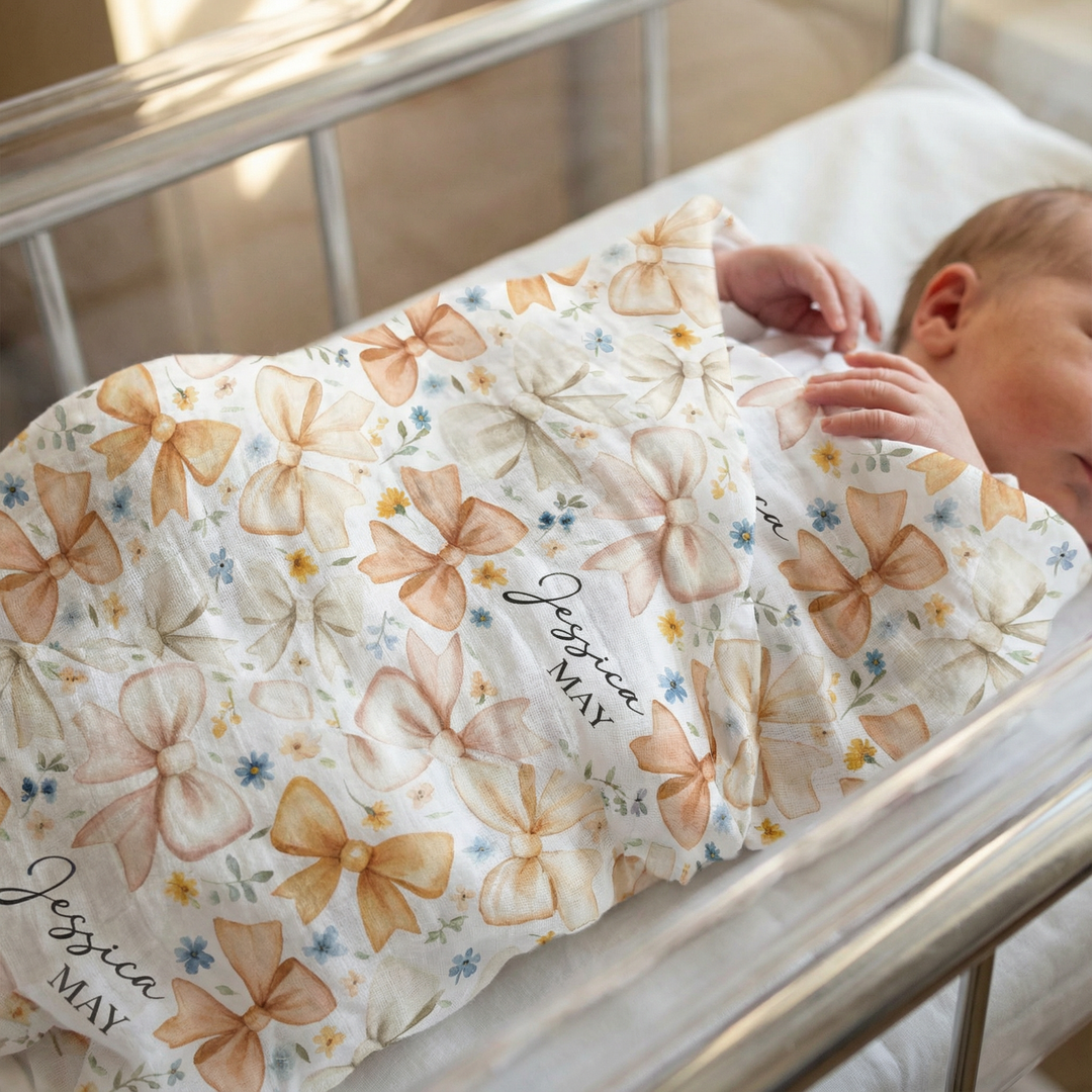 Soft personalized custom muslin swaddle wrap with baby name, 120x120cm breathable fabric for newborns