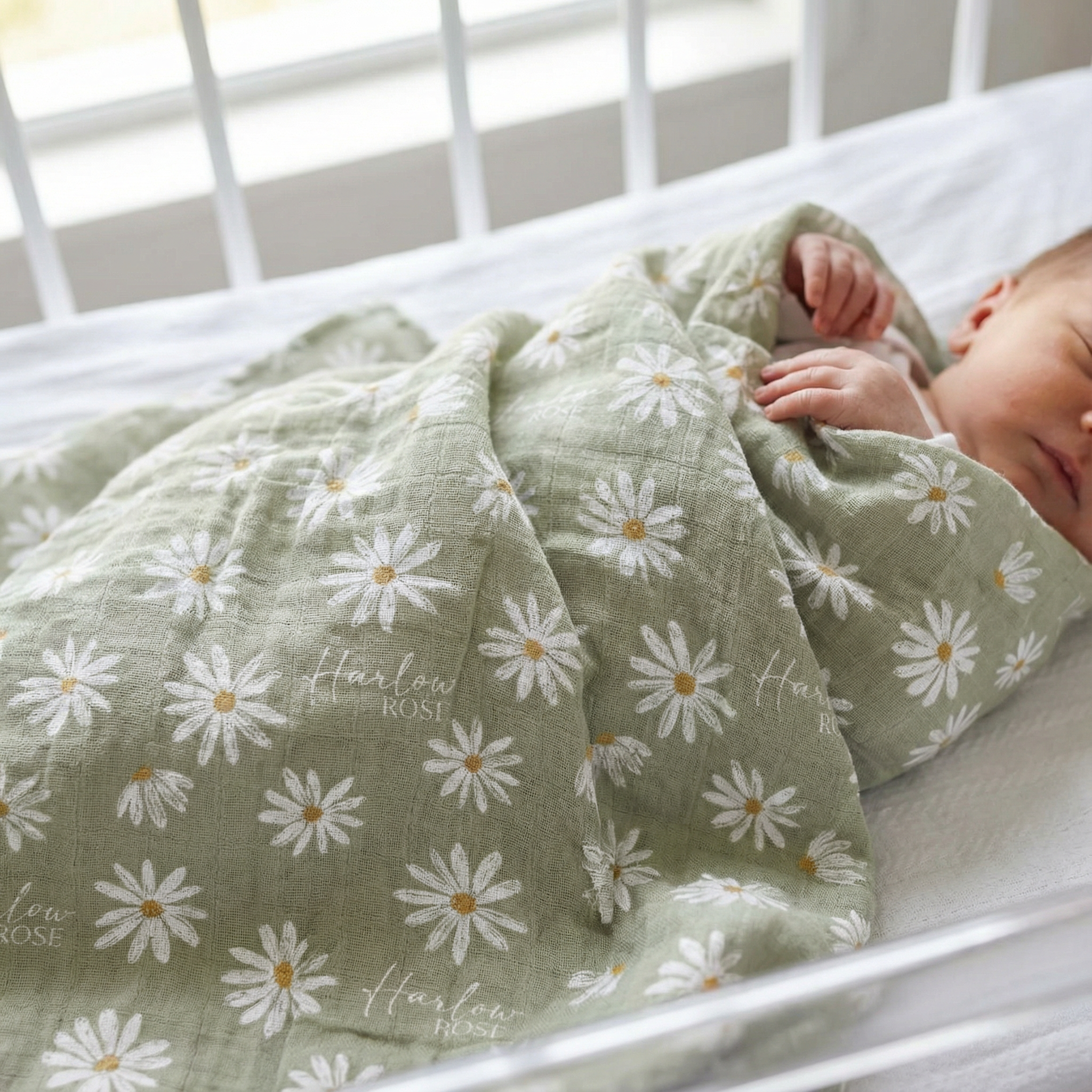Custom muslin swaddle wrap personalized with baby's name, soft breathable fabric, 120x120cm size for newborns and babies