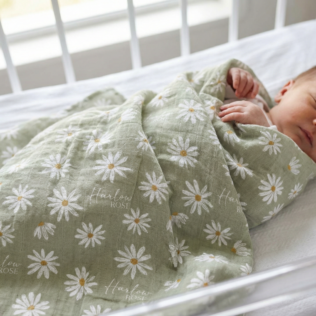 Custom muslin swaddle wrap personalized with baby's name, soft breathable fabric, 120x120cm size for newborns and babies