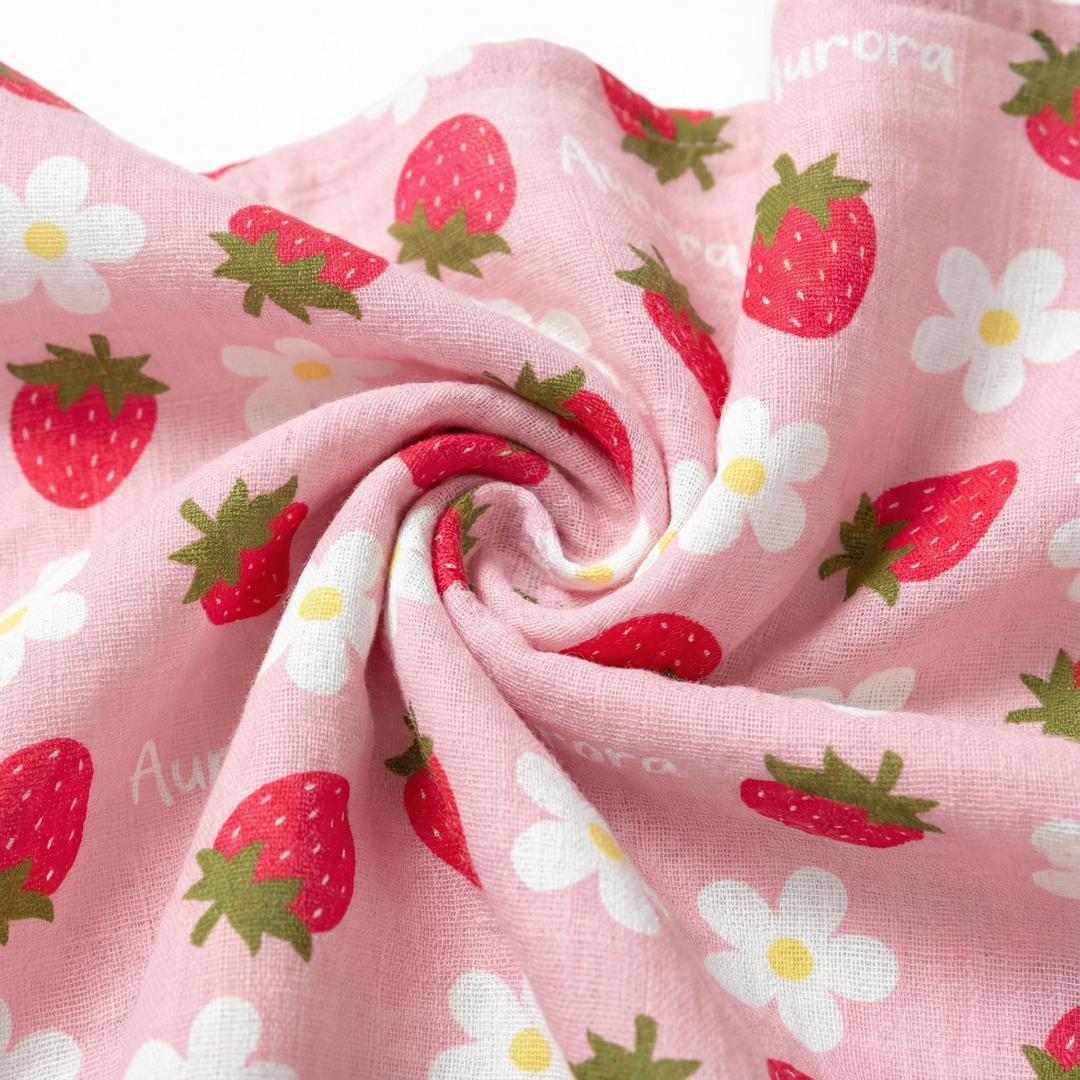 Personalised muslin swaddle wrap with custom baby name, soft breathable fabric, 120x120cm size, ideal for newborns and daily use