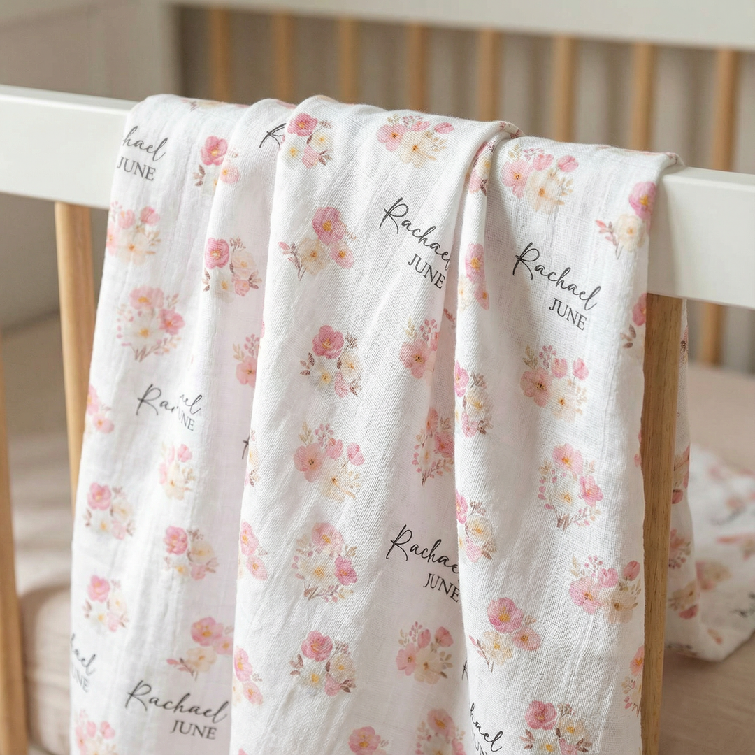 Personalised custom muslin swaddle wrap with baby's name, soft breathable fabric, 120x120cm, gentle for newborns.