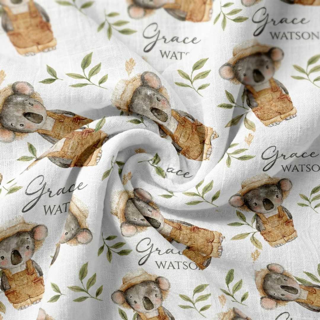 Custom muslin swaddle wrap with baby name, soft breathable fabric, 120x120cm, ideal for newborns and babies