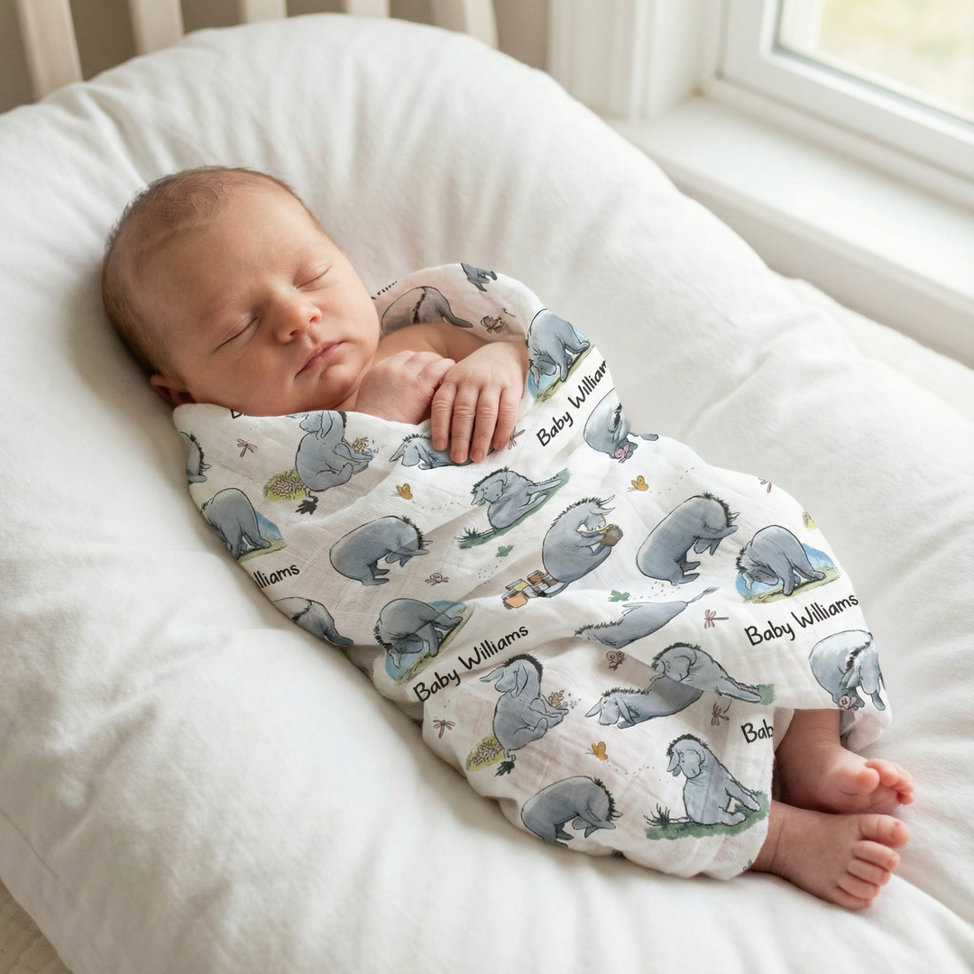 Personalised muslin swaddle wrap with baby name, soft breathable fabric, 120x120cm, ideal for newborns and gifting