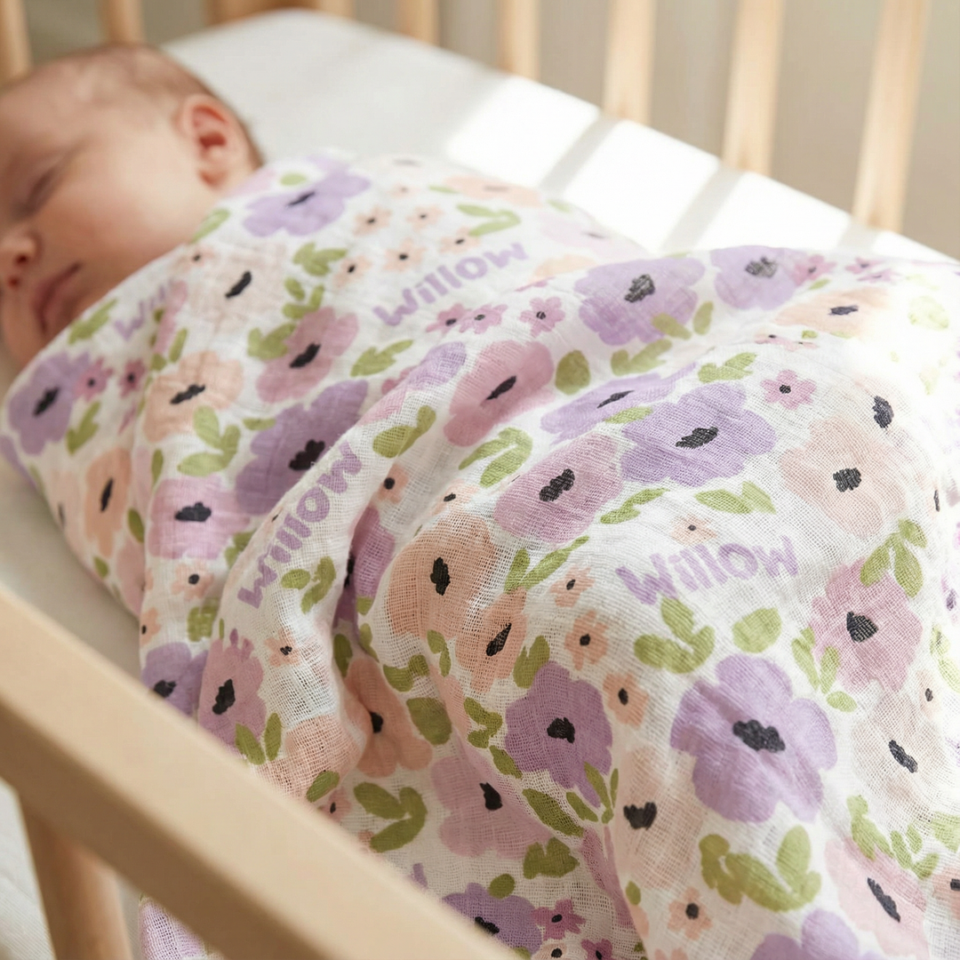 Personalised muslin swaddle wrap with baby name, soft breathable fabric, 120x120cm, ideal for newborns and gifting