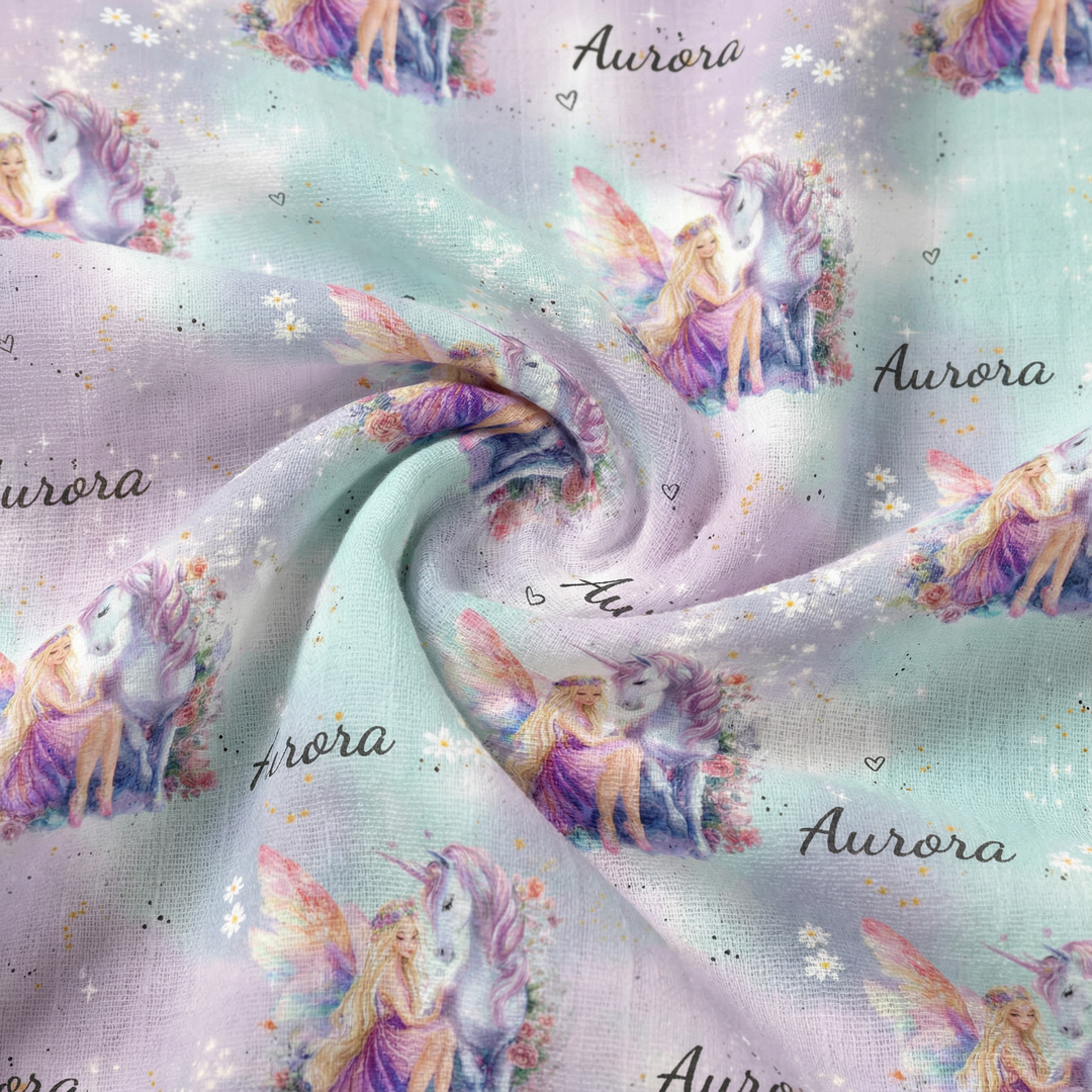 Personalised muslin swaddle wrap with baby name, 120x120cm, soft breathable fabric for newborn comfort and gift